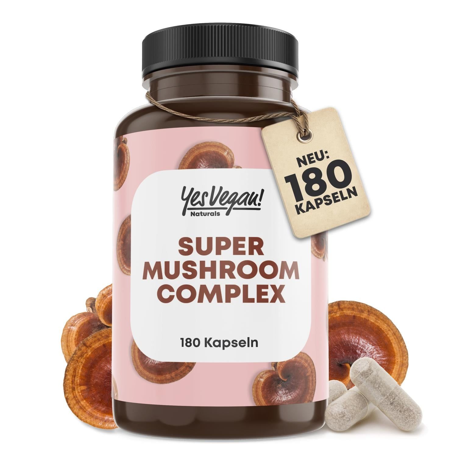 Bouteille de 180 gélules Yes Vegan Naturals Super Mushroom Complex, entourée de tranches de champignon Reishi.