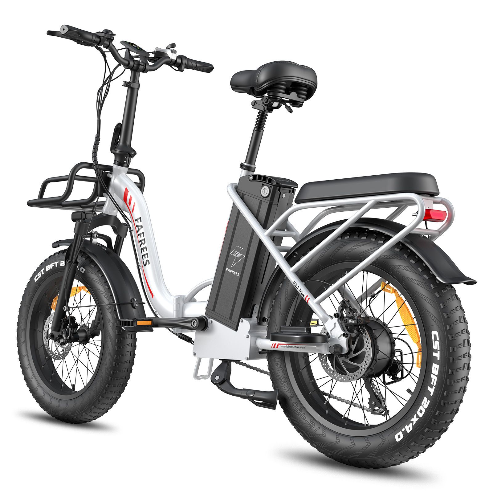 Vélo électrique pliable blanc, selle et pneus noirs. Logo FAFREES visible. Porte-bagages.