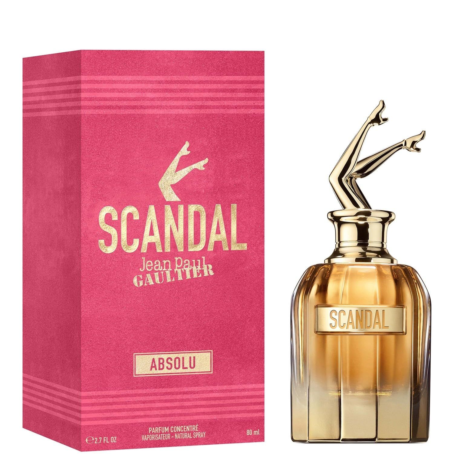 Parfumfles met gouden benen als dop. Naast elkaar: roze doos met gouden opschrift "SCANDAL ABSOLU".