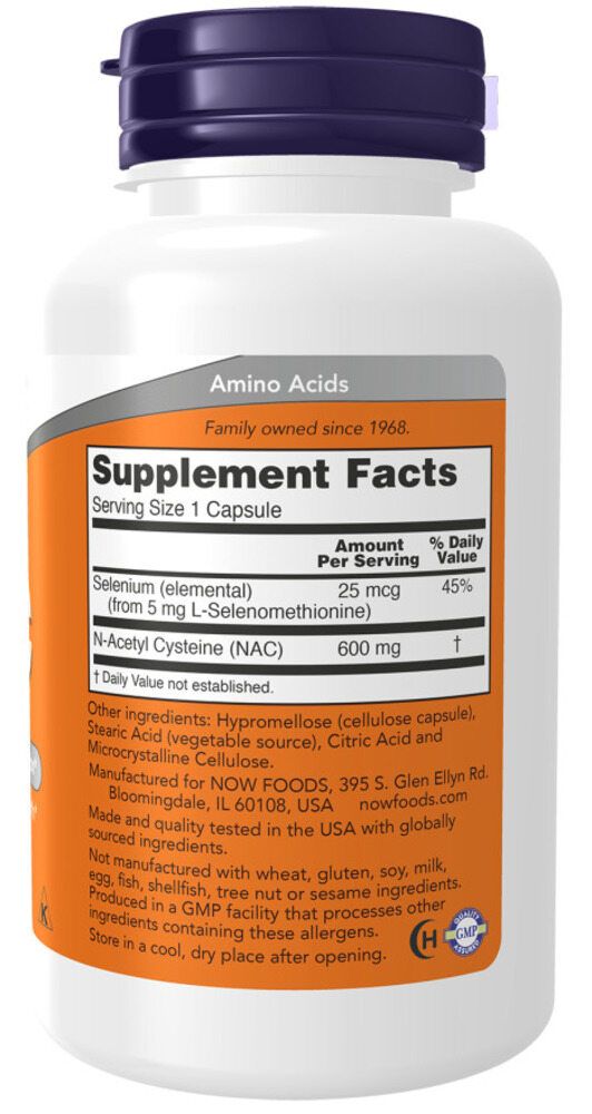 Achterkant fles. Oranje etiket met voedingsfeiten. Bevat N-Acetylcysteine (NAC) 600 mg en selenium.