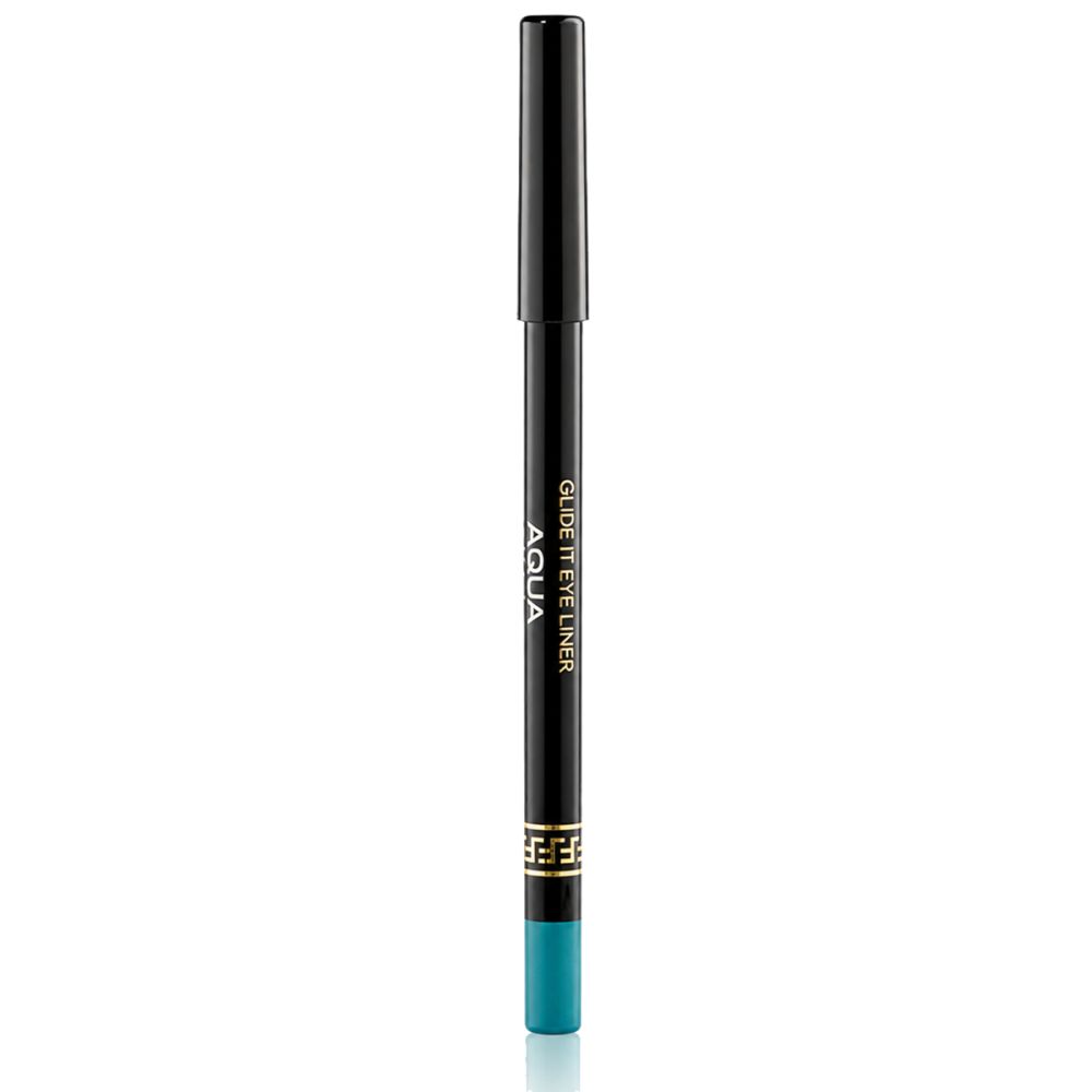 Crayon khôl noir avec pointe turquoise et bande décorative dorée. Inscription : AQUA GLIDE IT EYE LINER.