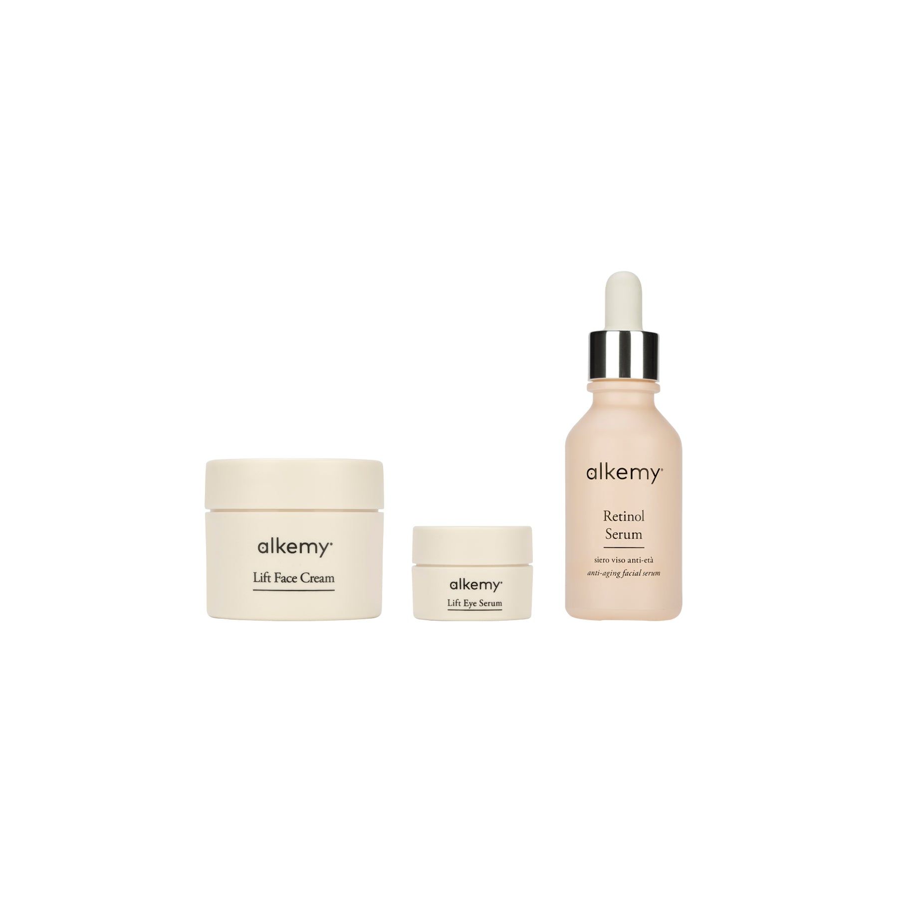 Soins de la peau Alkemy : crème pour le visage, crème pour les yeux et sérum au rétinol en flacon.