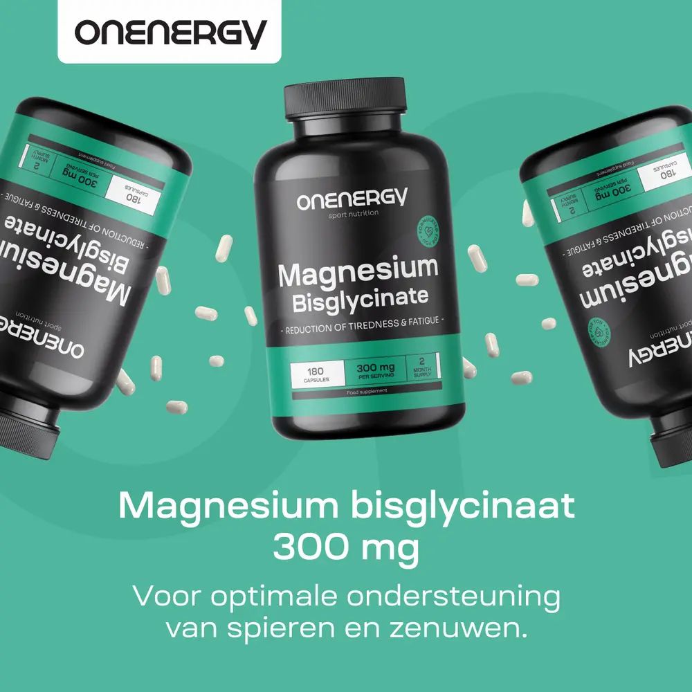 Fles en capsules. Tekst: Magnesiumbisglycinaat 300 mg, 180 capsules. Vrouw op loopband.