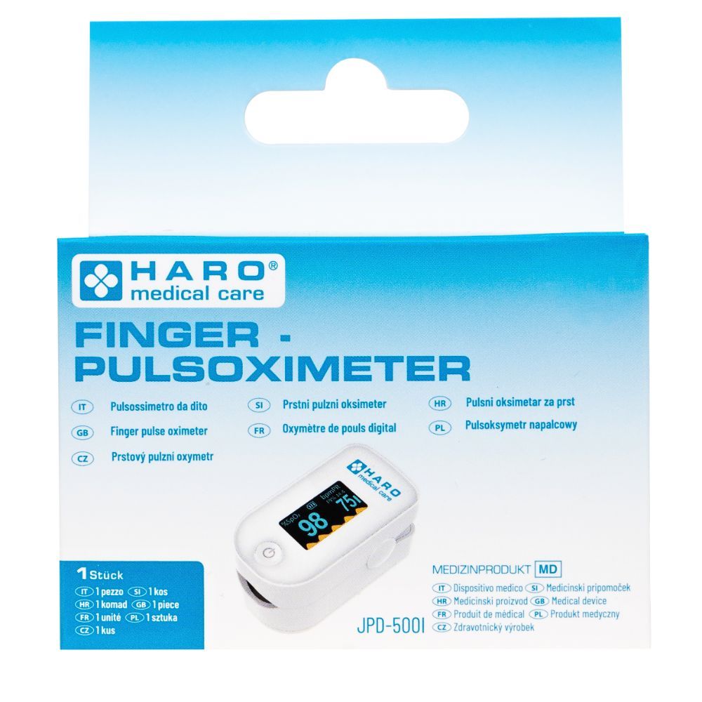 Verpakking met vingerpulsoximeter. Wit apparaat met display, toont waarden. Merk: HARO medical care.