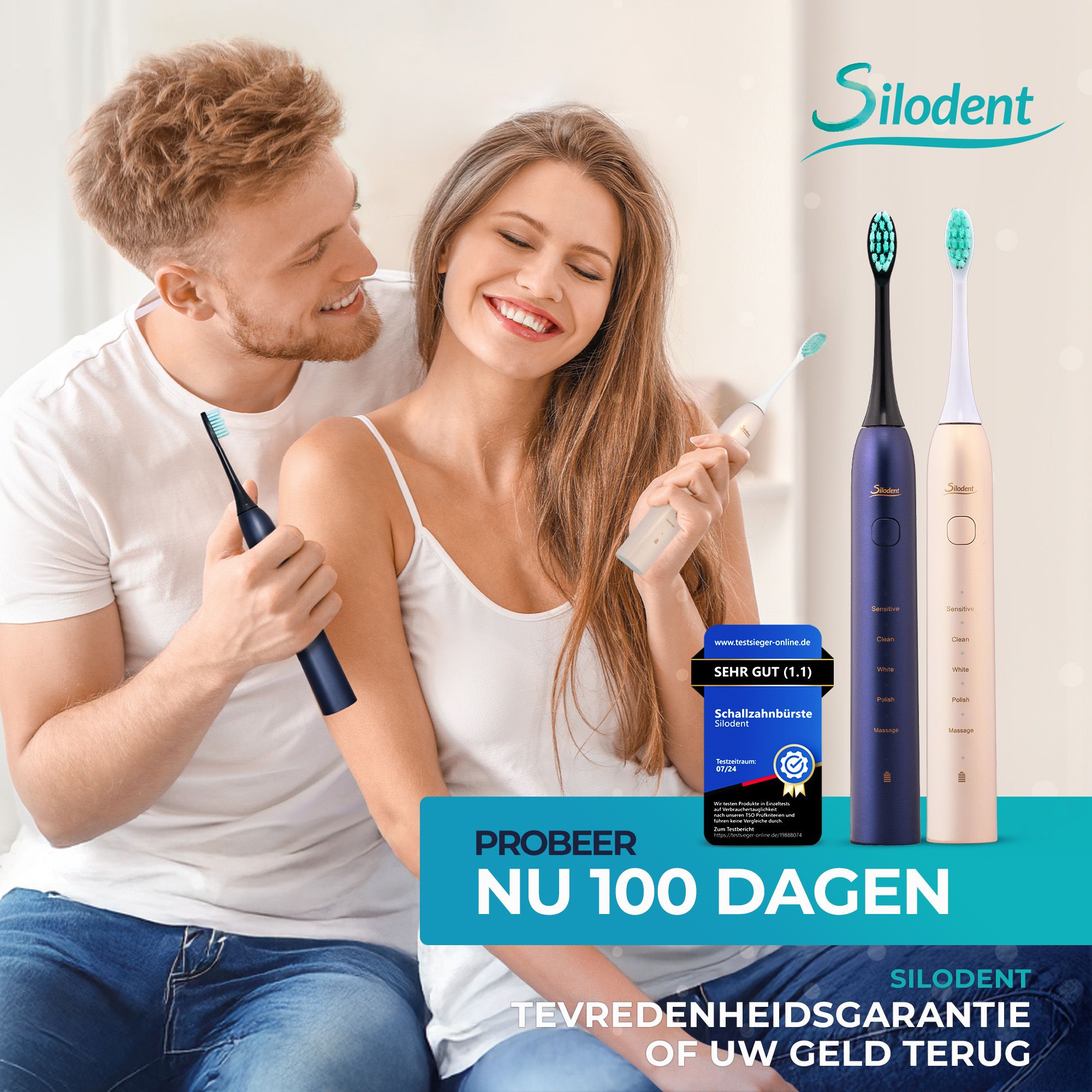 Een stel houdt sonische tandenborstels vast. Op de achtergrond staan een blauwe en een gouden sonische tandenborstel.