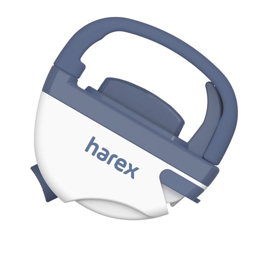 Blauw-wit apparaat met de tekst "harex".
