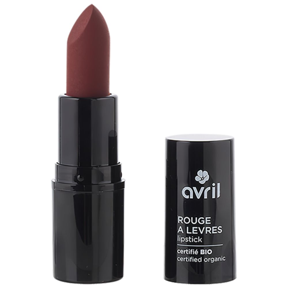 Tube de rouge à lèvres noir avec couvercle ouvert. Le rouge à lèvres bordeaux est visible. Inscription "avril", "Rouge a levres lipstick" et "certifié BIO".