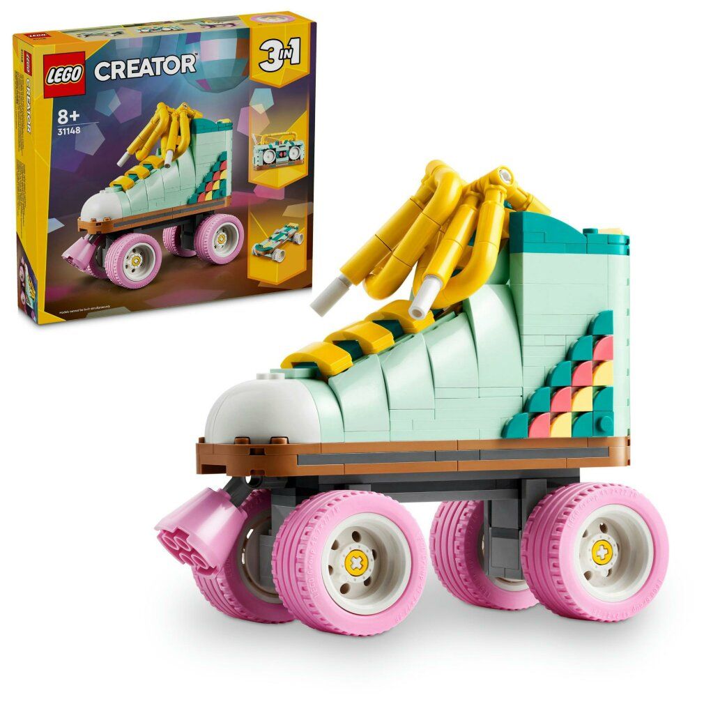 LEGO Creator 3in1. Retro rolschaats van LEGO-stenen. Mintgroen, roze wielen, gele veters. Naast de verpakking.