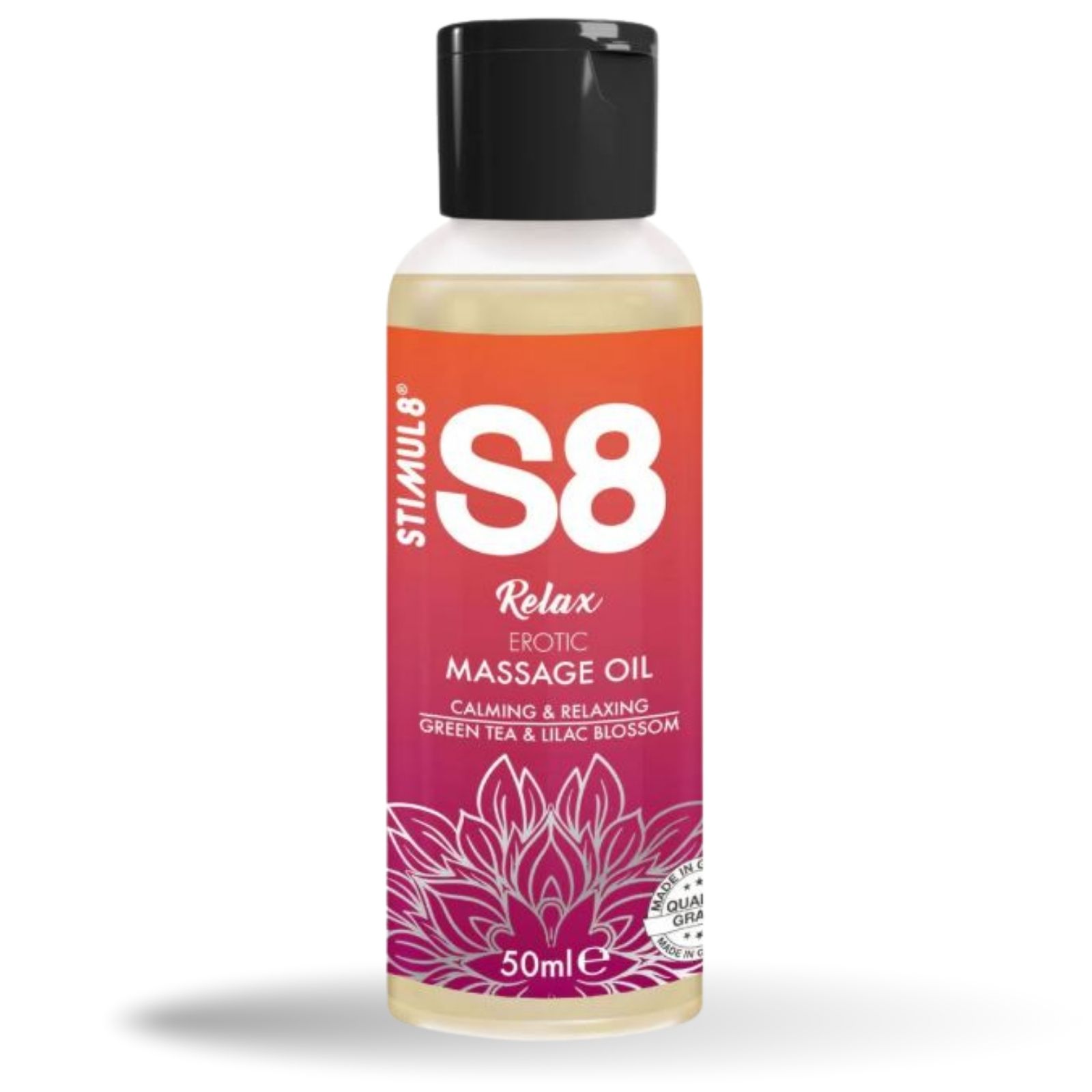 S8 Relax Erotic Massage Oil. Fles met zwarte dop. Opschrift: S8. 50ml.