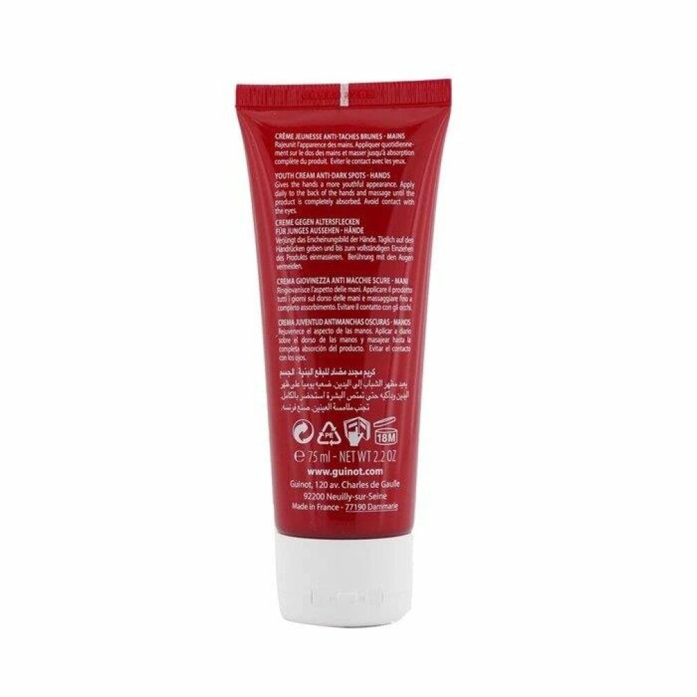 Dos du tube Guinot Longue Vie Mains. Contient instructions, ingrédients, 75 ml et informations site web.