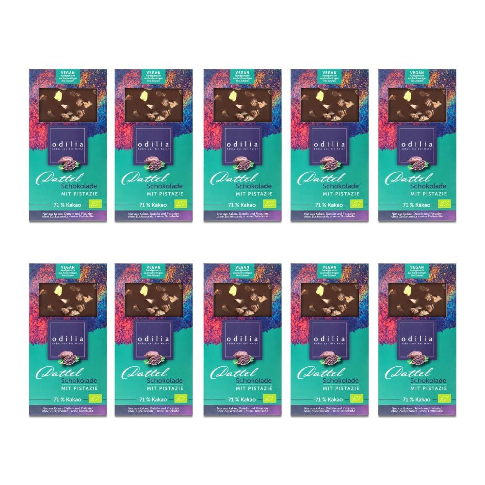 Dix tablettes de chocolat Odilia aux pistaches, 75% cacao, véganes.