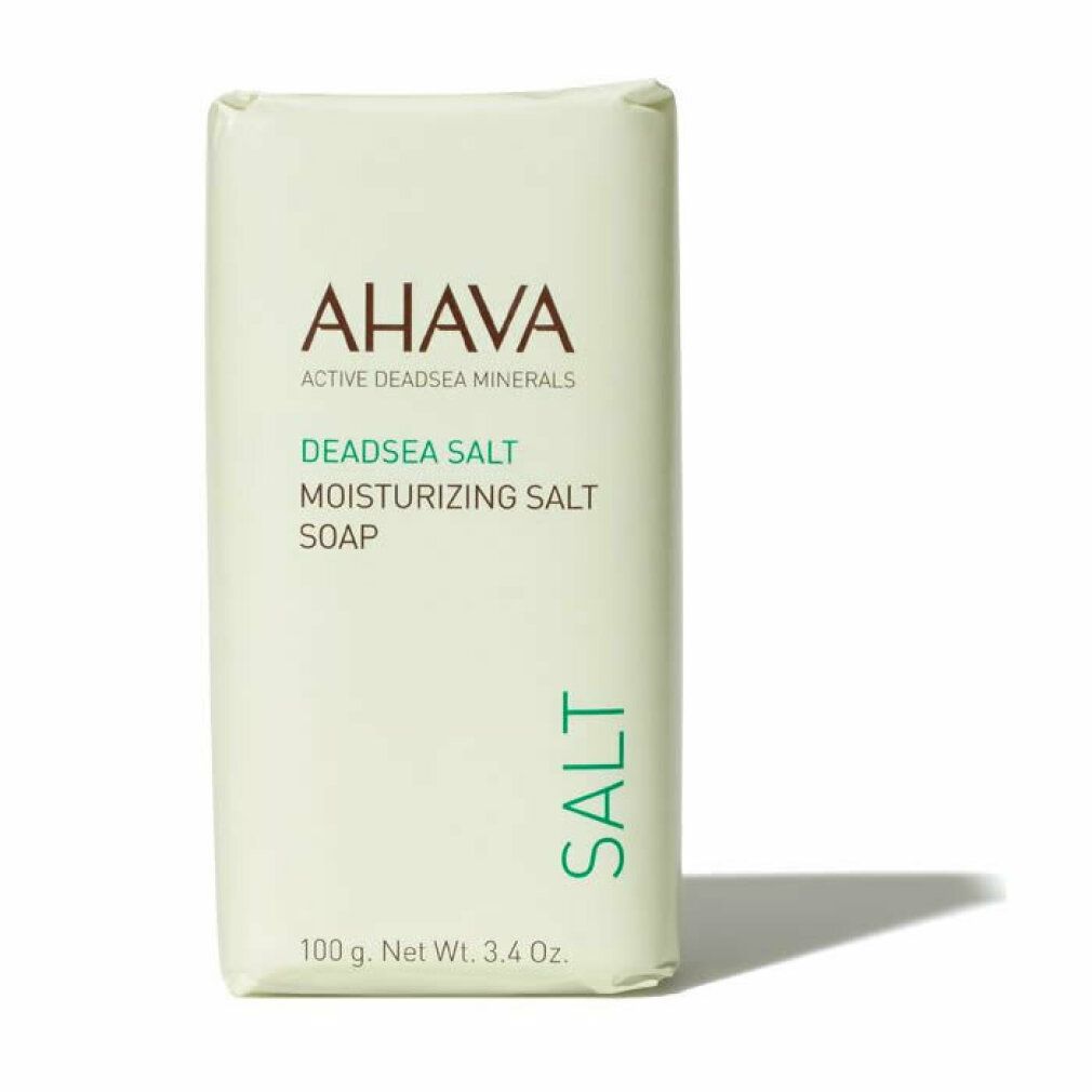 Savon AHAVA DEADSEA SALT. Emballage rectangulaire blanc avec texte vert. Poids net: 100 g.
