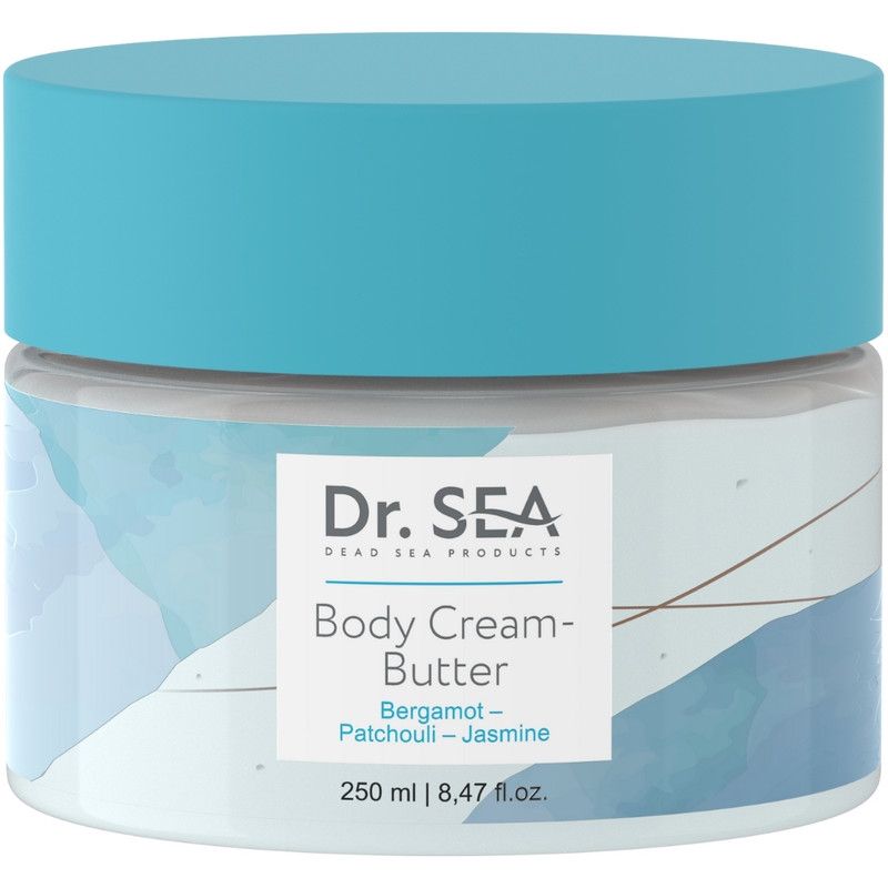 Potje body butter met blauw deksel. Opschrift: Dr. SEA, Body Cream-Butter, Bergamot-Patchouli-Jasmijn. 250 ml.