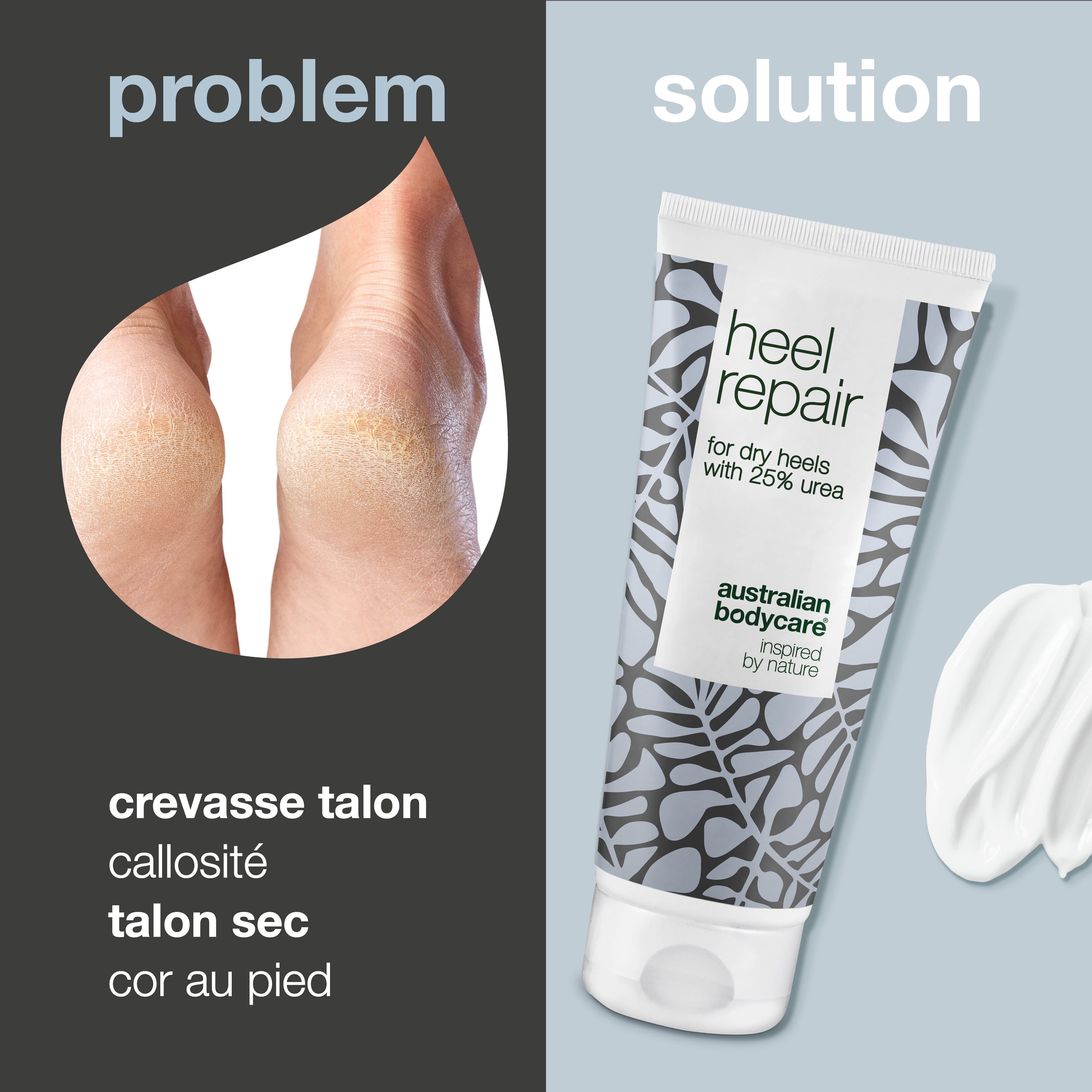 Problème : talons fendillés. Solution : Tube Heel Repair, Australian Bodycare. Crème.