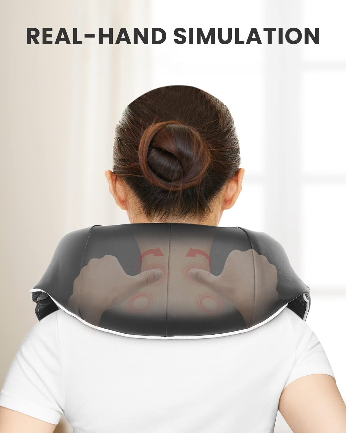 Dispositif de massage noir pour le cou et les épaules avec bordure blanche. Montre des mains simulées massant le cou.