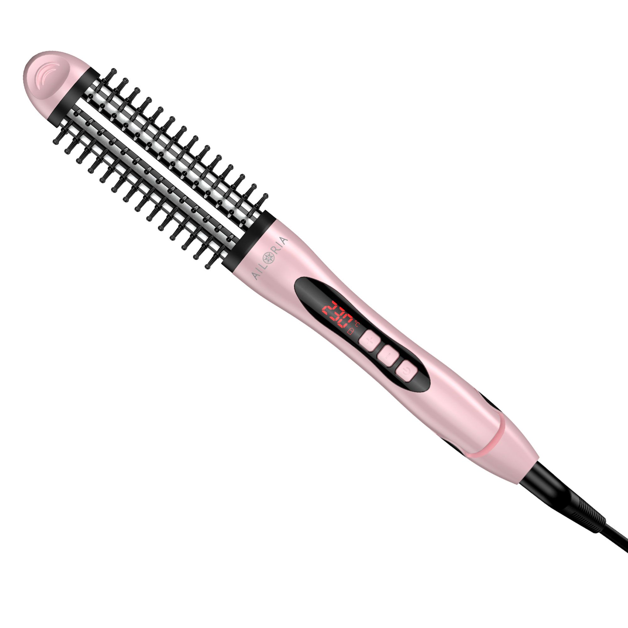 Roze stijltang met zwarte borstelkop en digitale temperatuurweergave. AILORIA-logo zichtbaar. Zwarte kabel.
