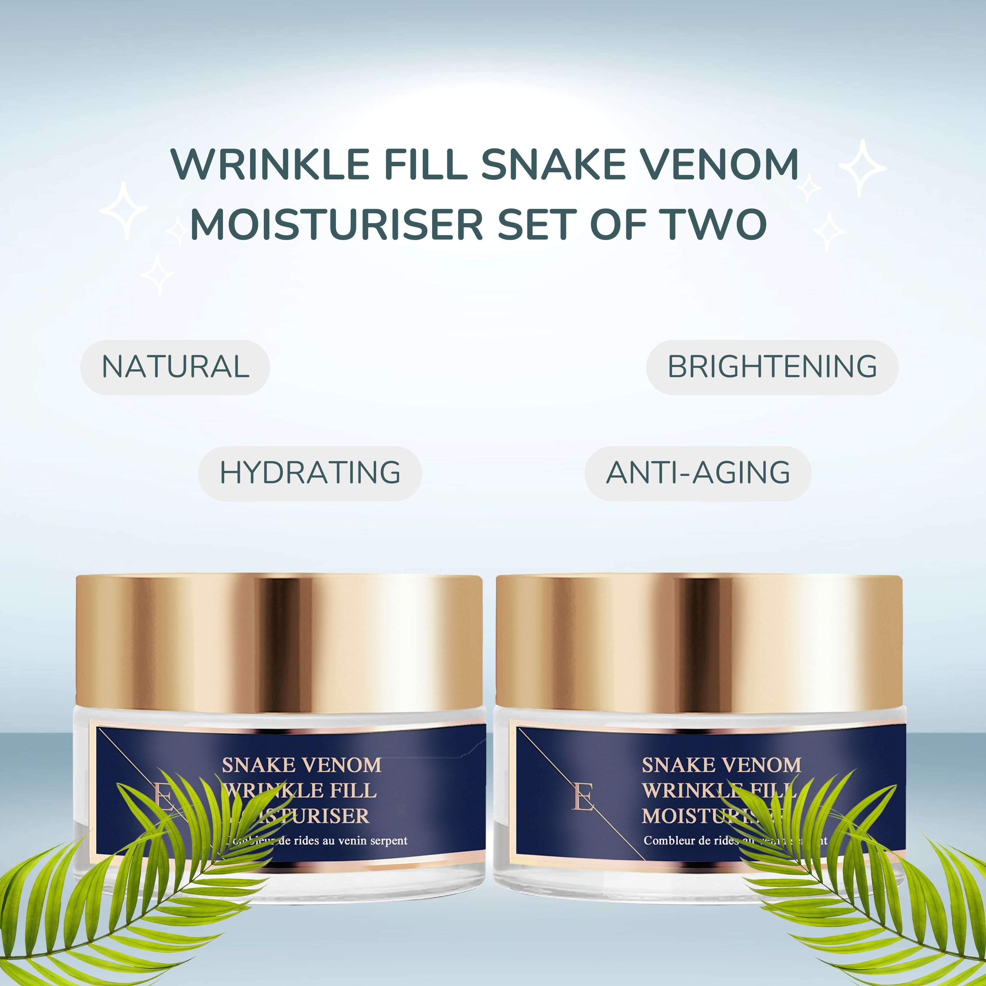 Twee potten vochtinbrengende crème met gouden deksels. Opschrift: Snake Venom Wrinkle Fill Moisturiser. Set of Two.
