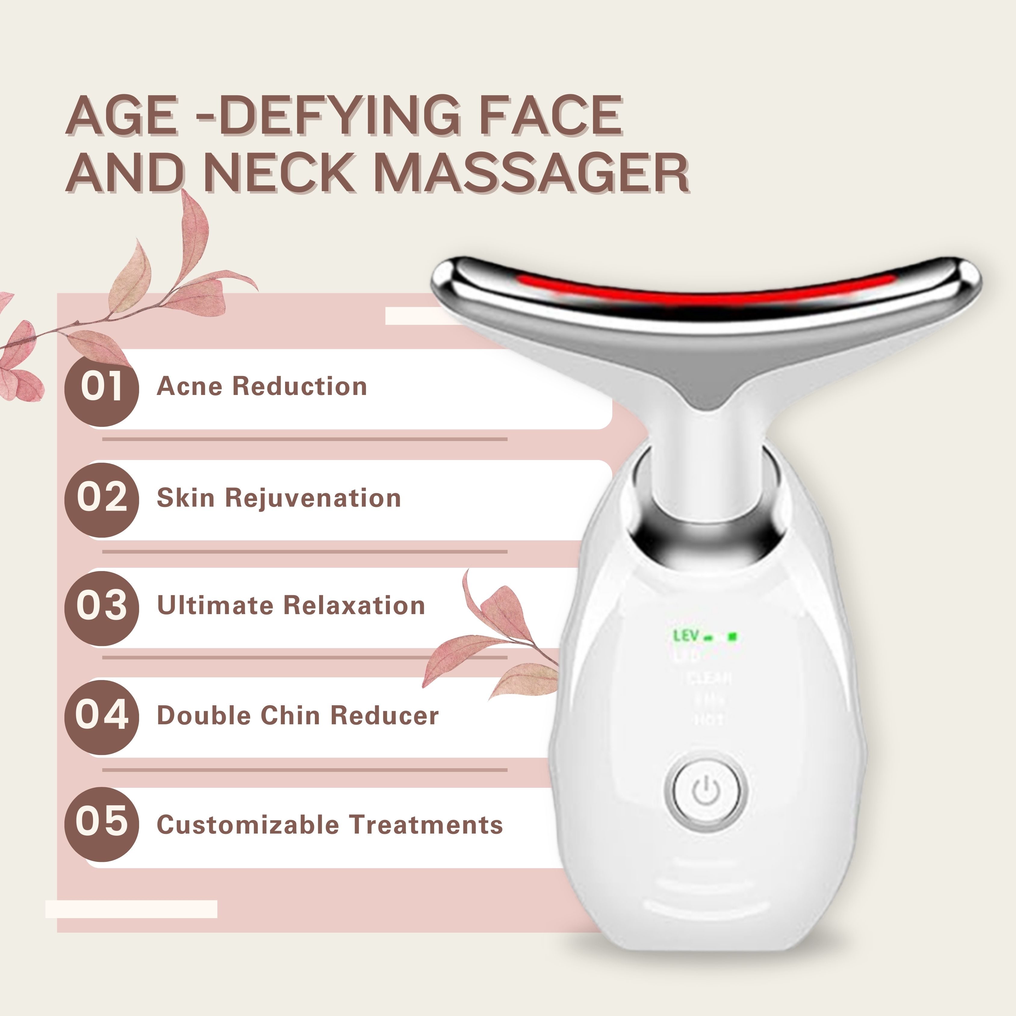 Witte gezichts- en nekmassager met rood licht. Opschrift: "Age-Defying Face and Neck Massager".