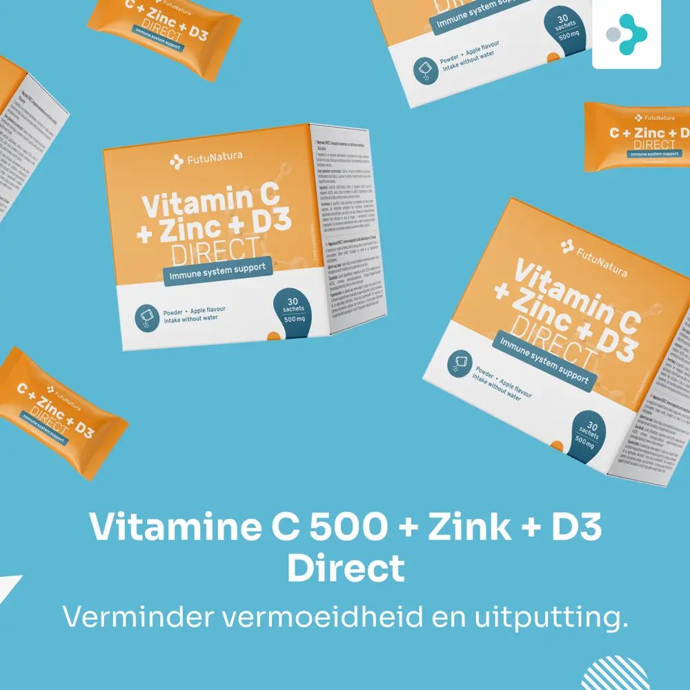 Verpakkingen met de tekst Vitamine C + Zink + D3 DIRECT. 30 zakjes.