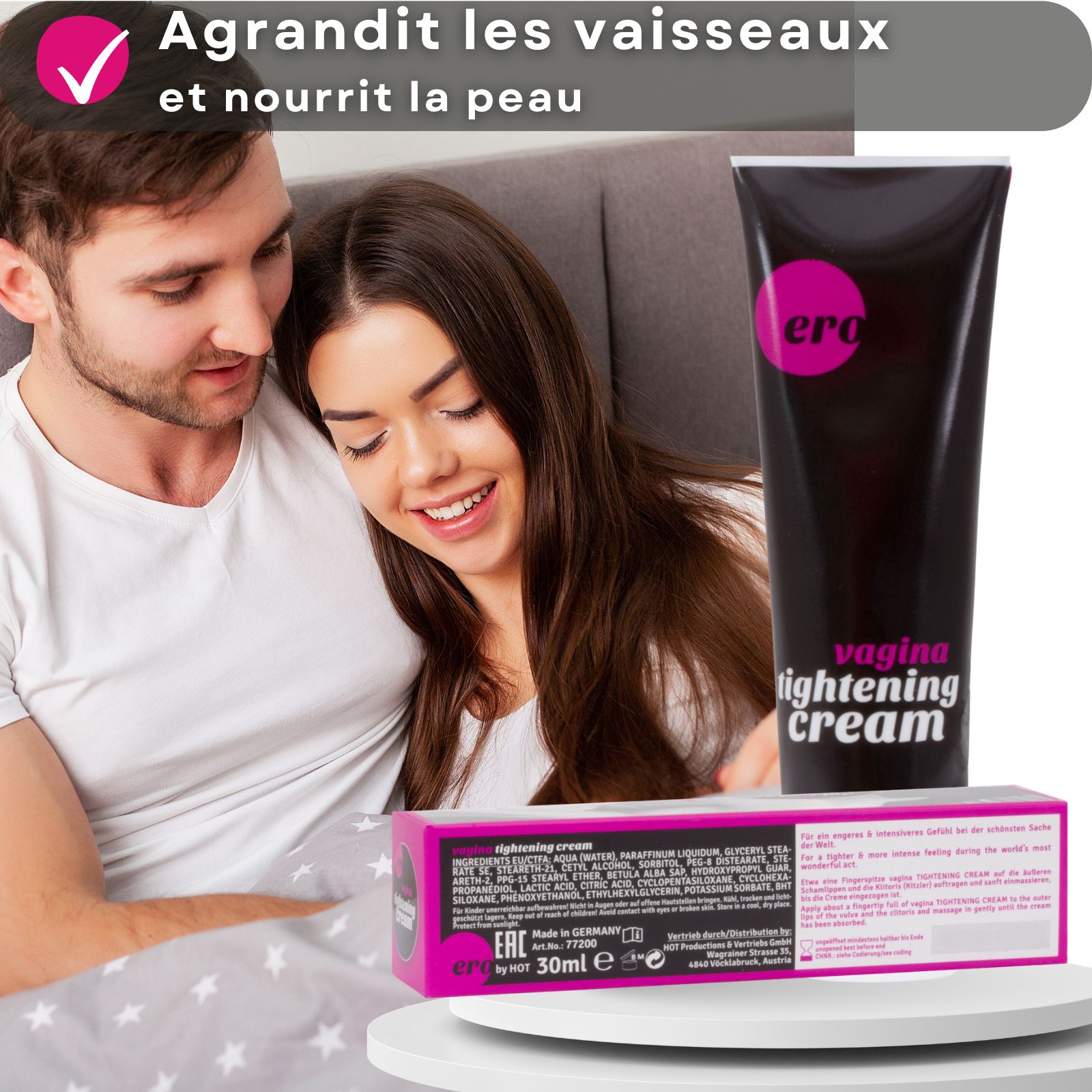 Tube et boîte. Inscription : vagina tightening cream. Marque : ero. Conditionnement : 30 ml.
