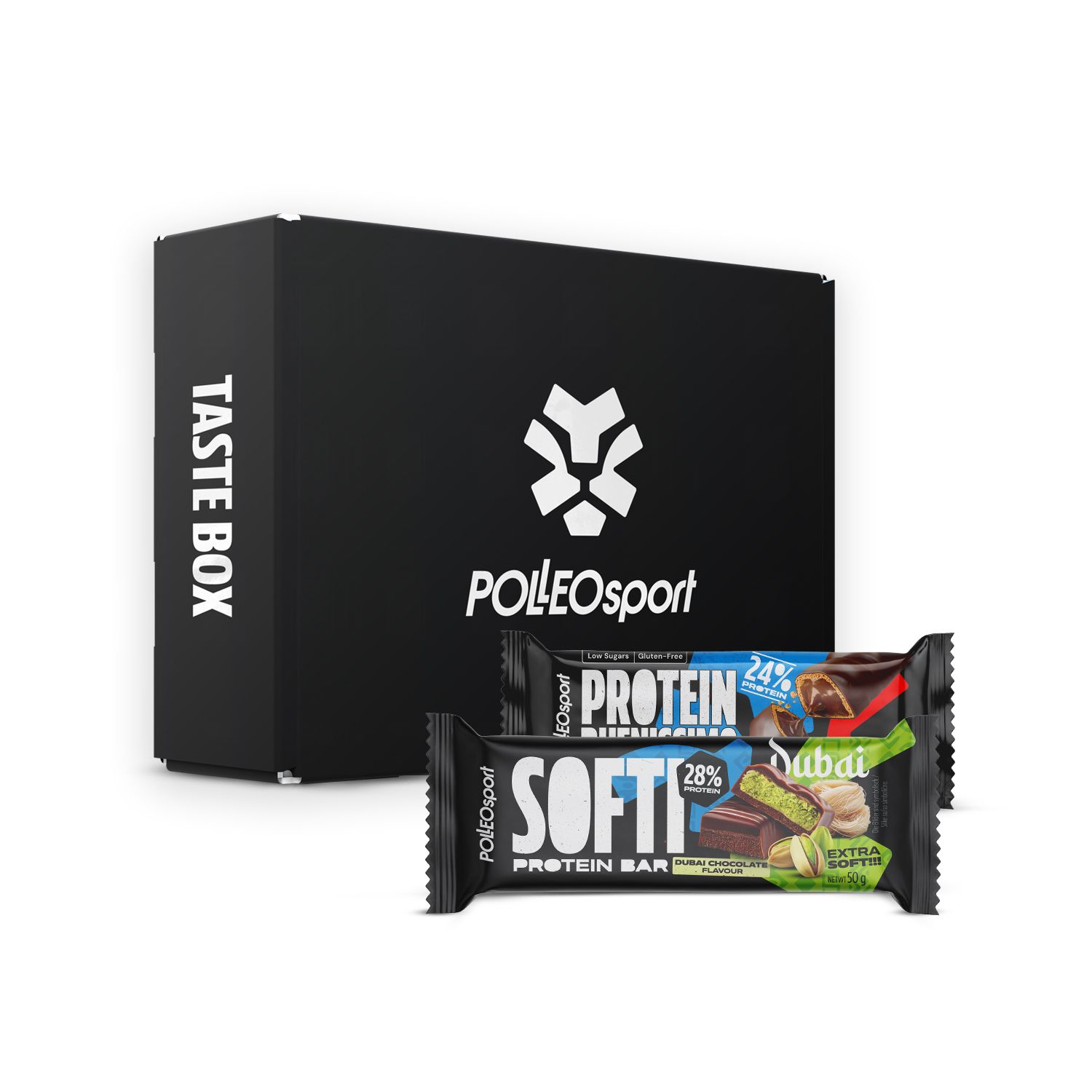 Zwarte doos met PolleoSport logo en opschrift Taste Box. Twee eiwitrepen liggen ervoor.