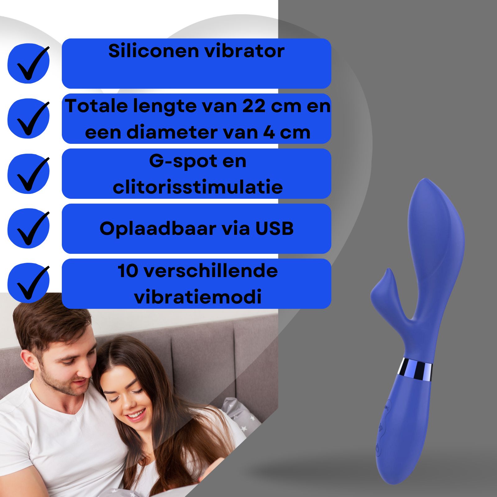 Blauwe vibrator. Siliconen en ABS. Vorm met twee uiteinden. Op wit voetstuk.