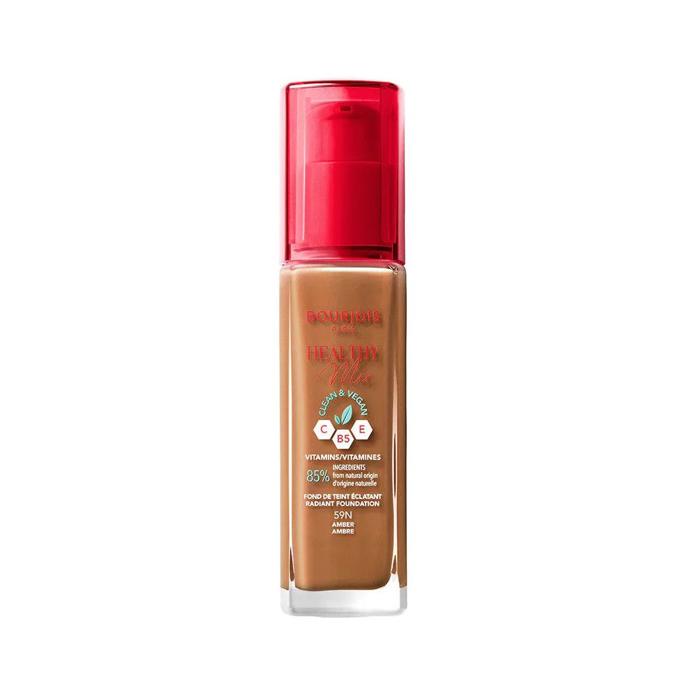 Fond de teint Bourjois Healthy Mix. Flacon en verre avec pompe rouge. Inscriptions: C, B5, E, Vegan. Teinte: 59N Ambre.
