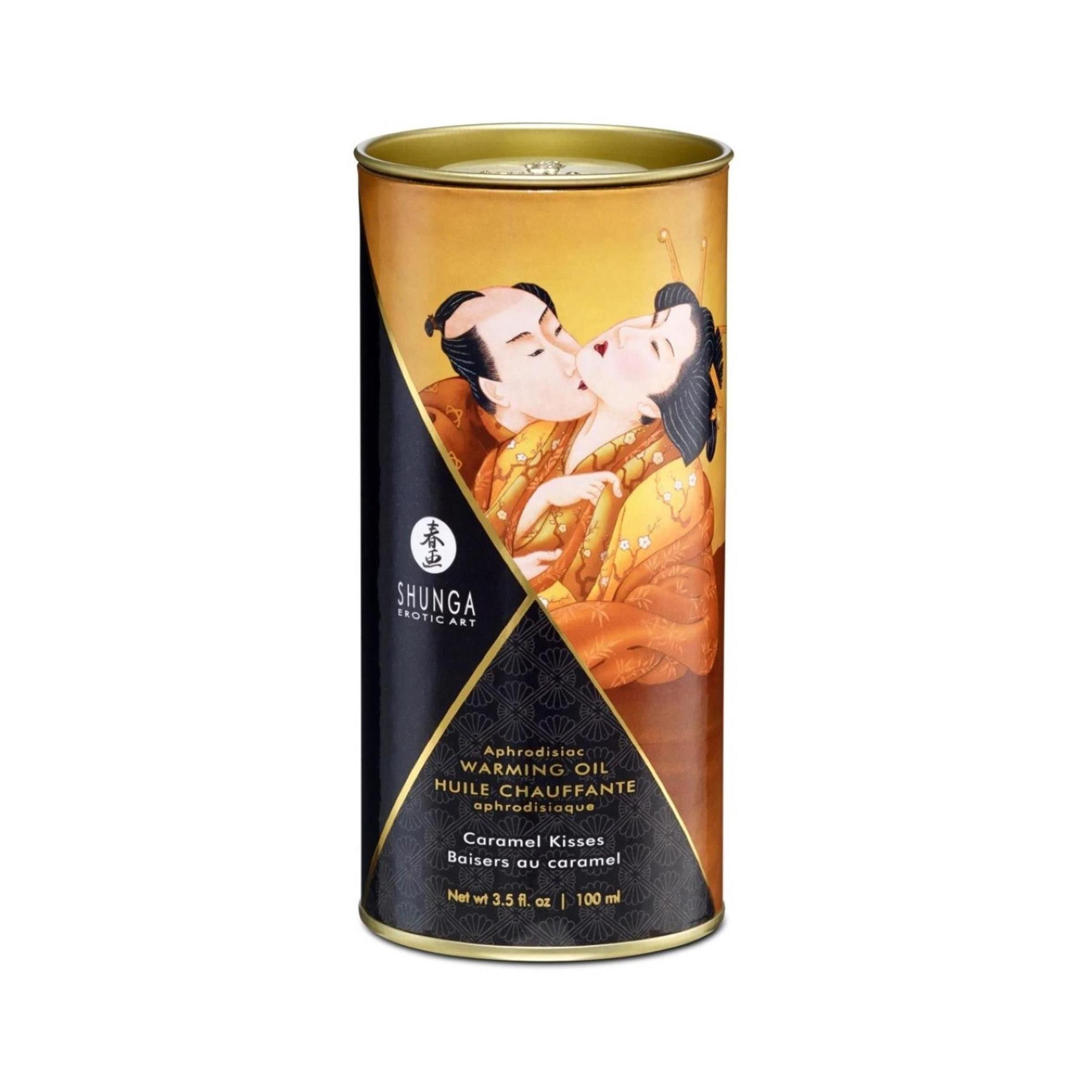 Cilindrische doos met gouden deksel. Illustratie van een kussend paar. Zwart etiket met productinformatie.