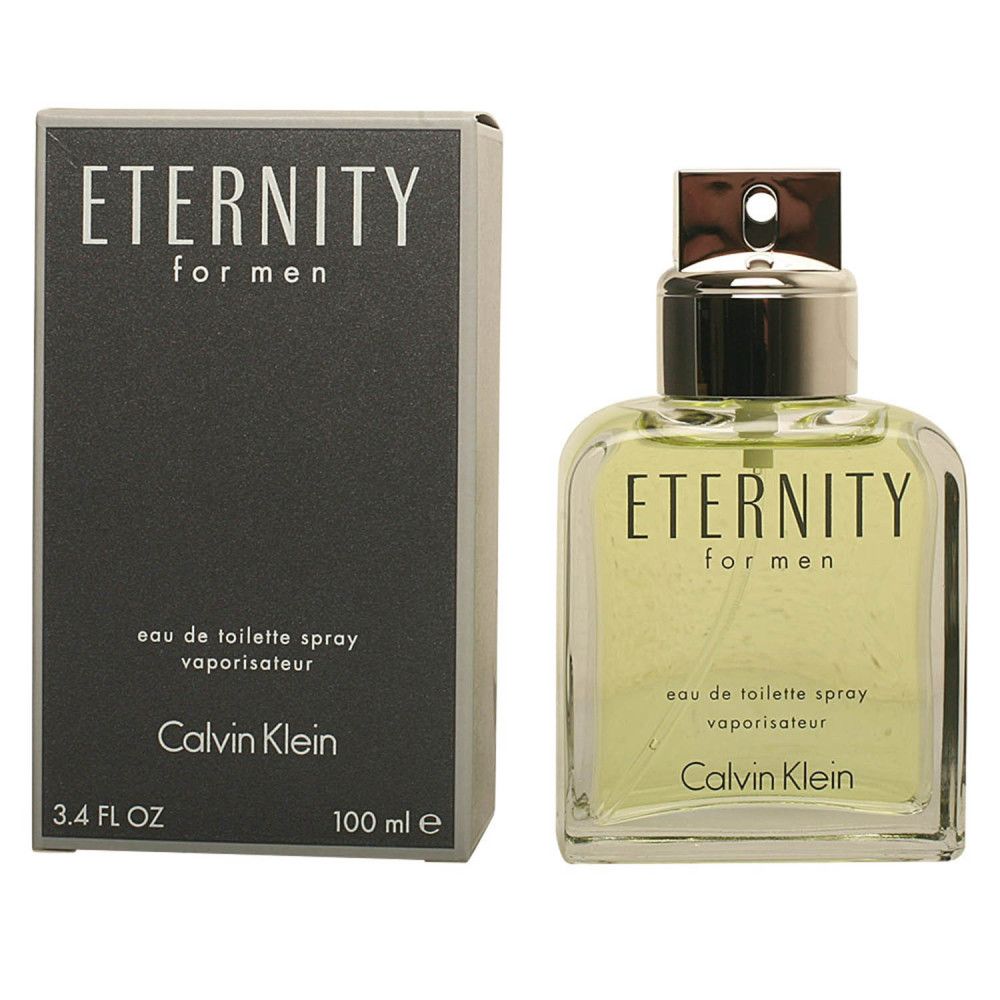 Flacon et boîte. Inscription: ETERNITY FOR MEN, Eau de Toilette Spray, CALVIN KLEIN. Volume: 100 ml, 3.4 FL OZ. Boîte noire.