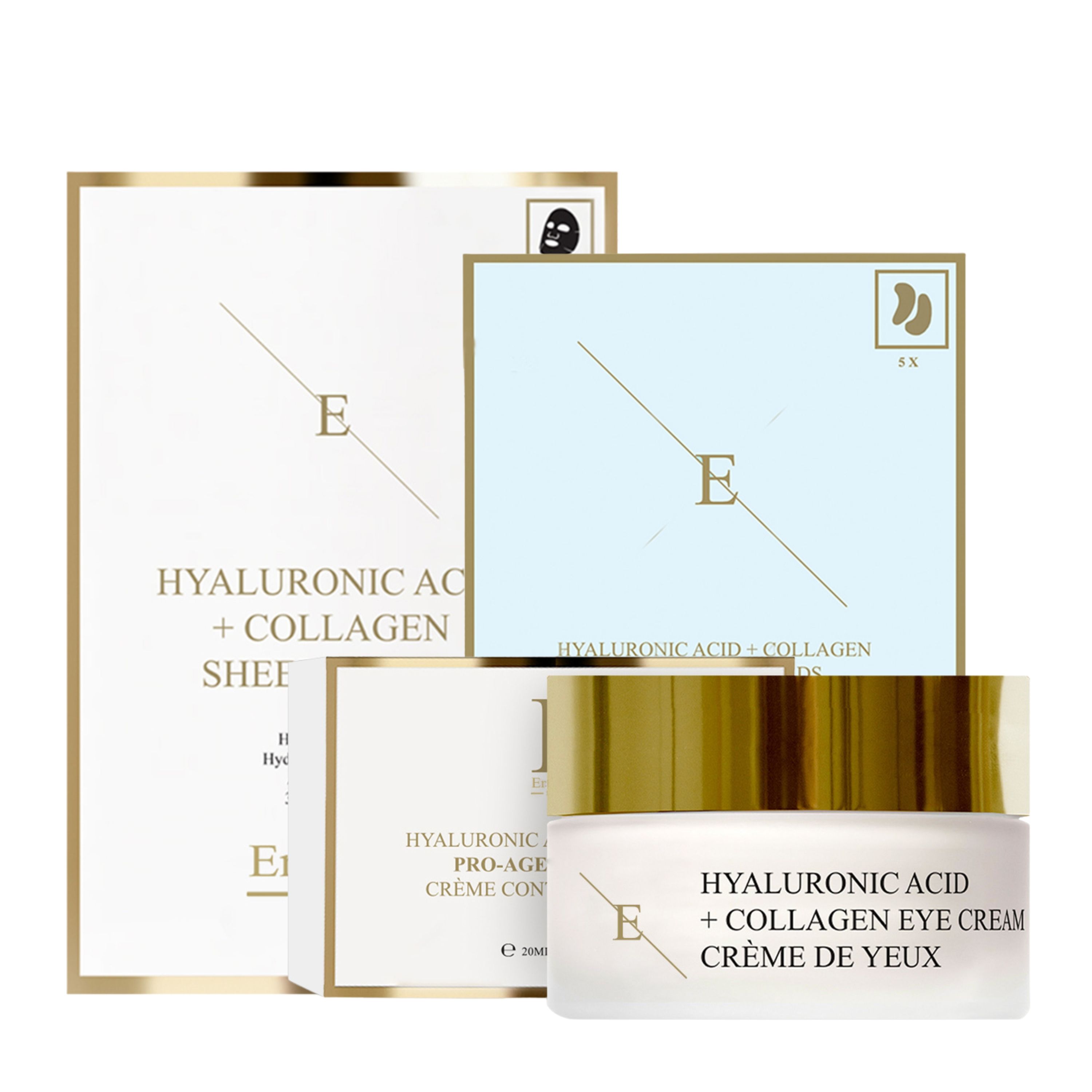 Ensemble crème pour les yeux et masques. Pot de crème à couvercle doré. Emballages de masques avec texte. Marque : ErthSkin London.