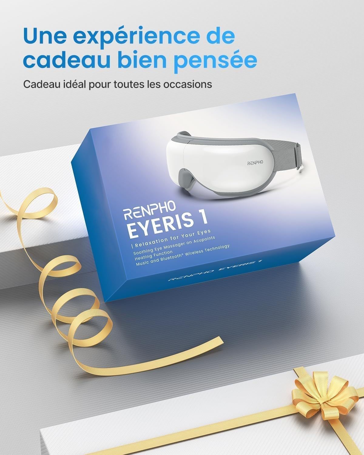 Dispositif de massage oculaire Renpho Eyeris 1, blanc et gris. Massage relaxant pour les yeux.