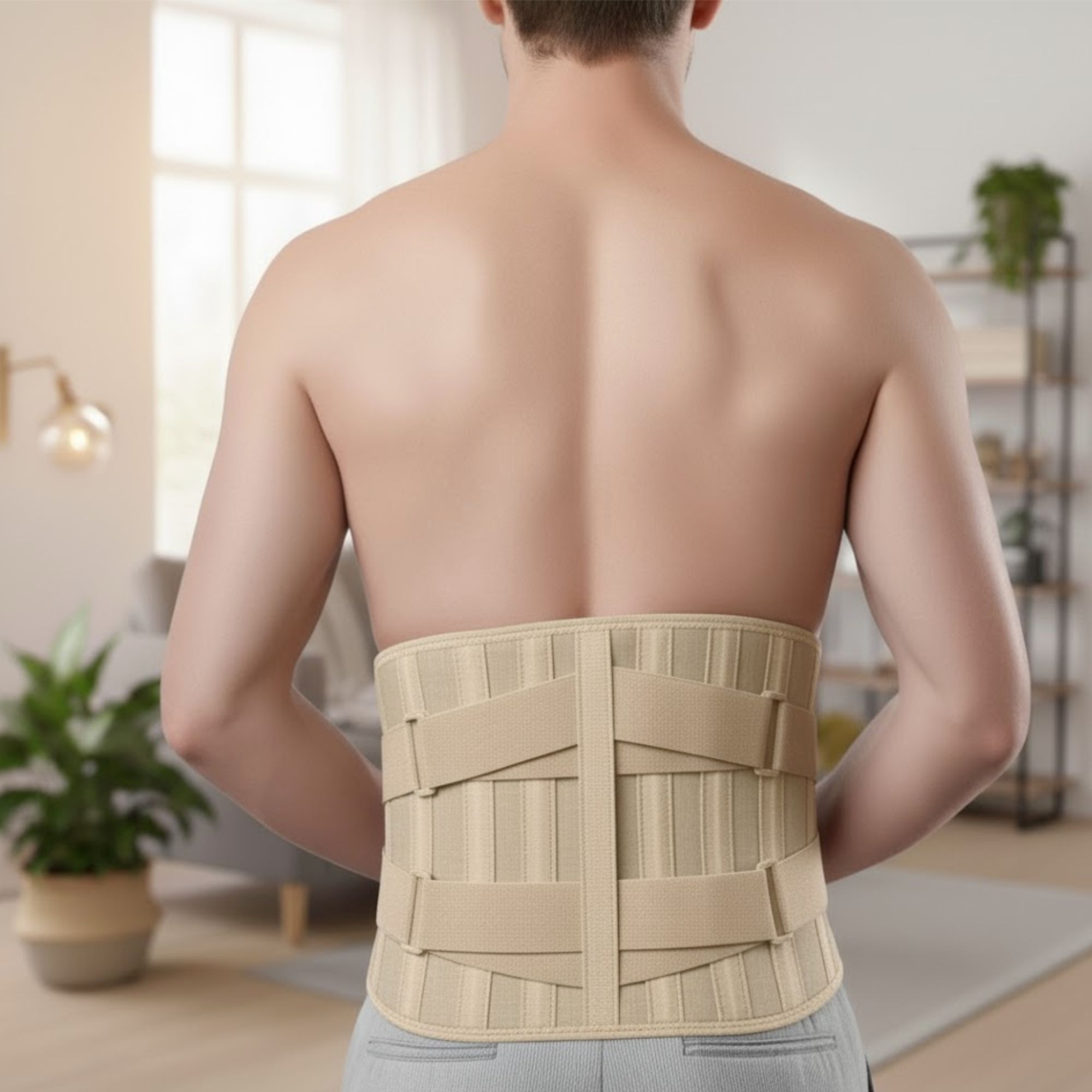 Ceinture lombaire sur le dos d'une personne. Beige, avec sangles. Dans un salon.