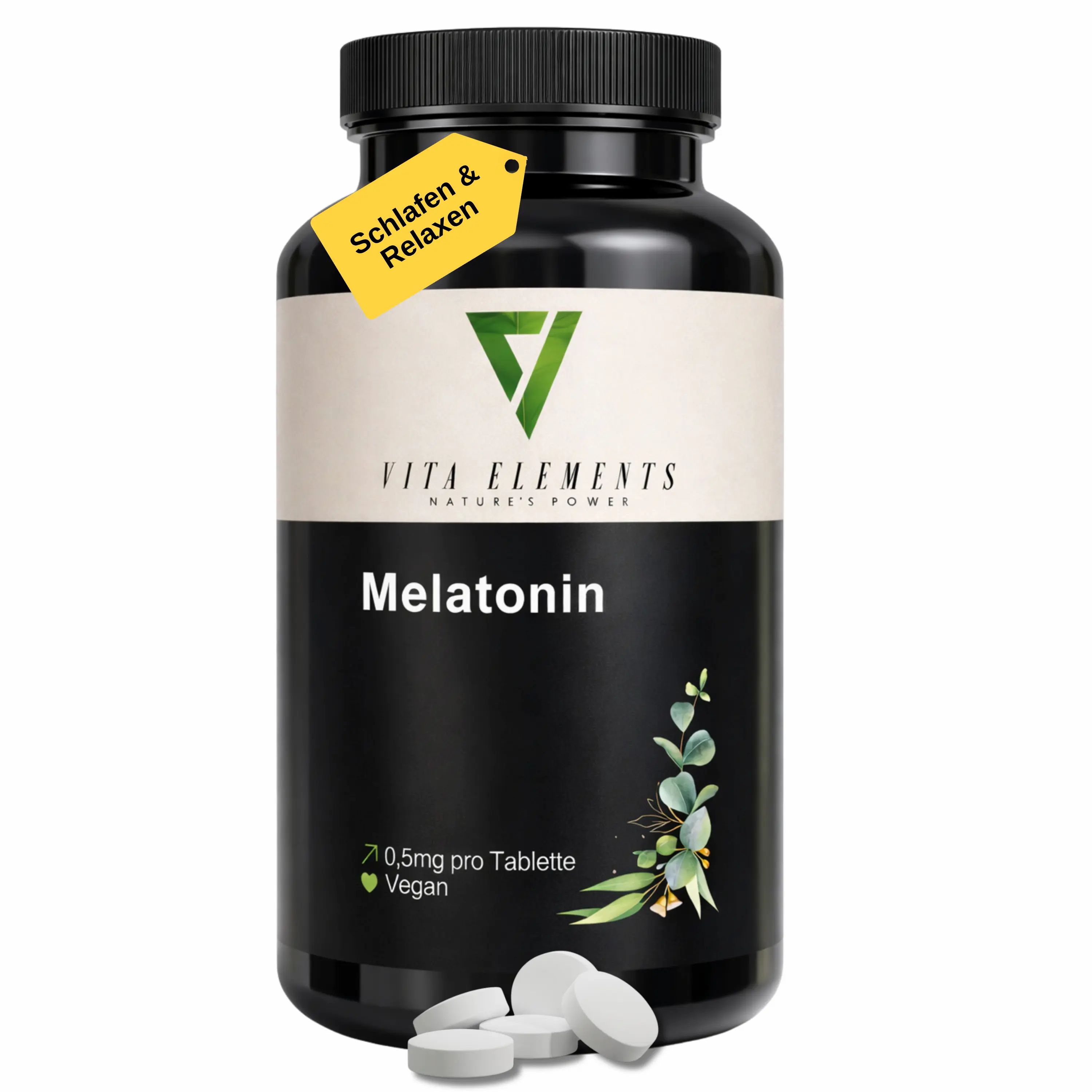 Pot noir avec comprimés de mélatonine, 0,5mg par comprimé, végétalien. Étiquette jaune "Dormir & se détendre".