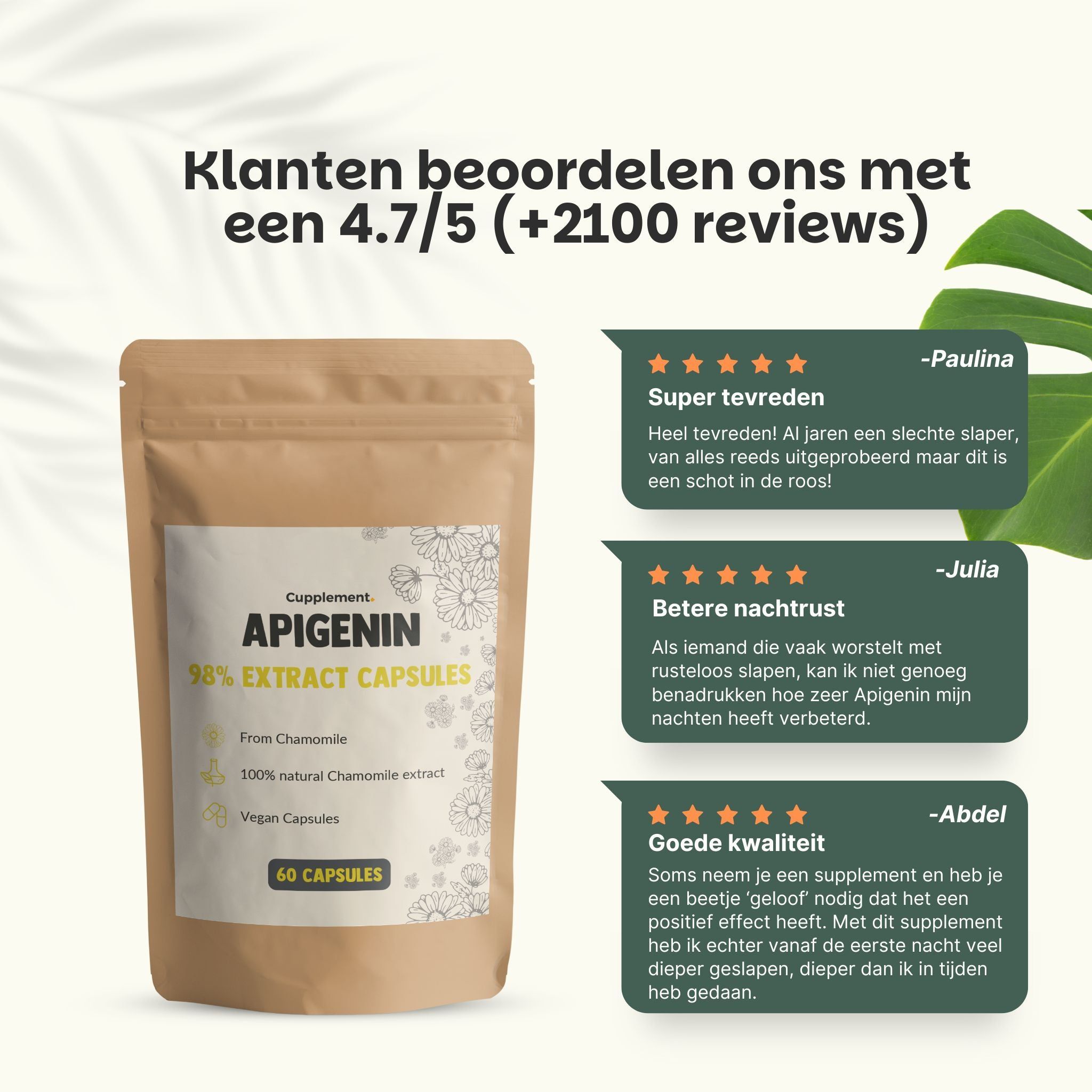 Zakje met capsules. Tekst: Apigenine 98% Extract Capsules. 60 capsules. Klantbeoordeling 4,7/5. Citaten van klanten.