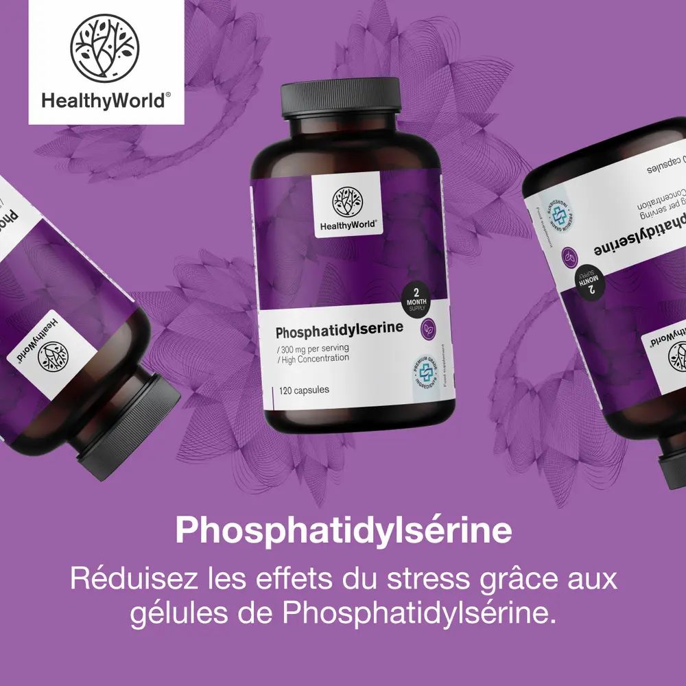Trois bouteilles de phosphatidylsérine sur fond violet. Texte : "Réduisez les effets du stress".