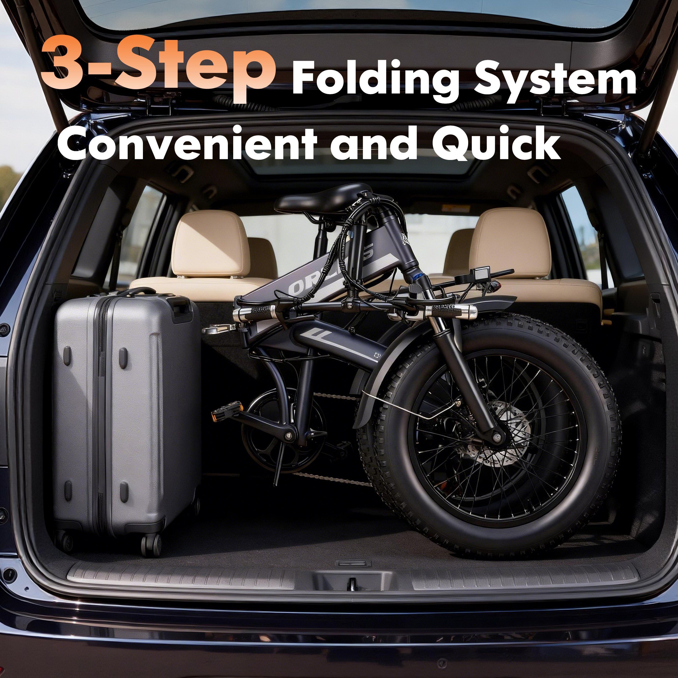 Vélo électrique pliable plié dans un coffre. Bagages, couleur noire. 3-Step Folding System.