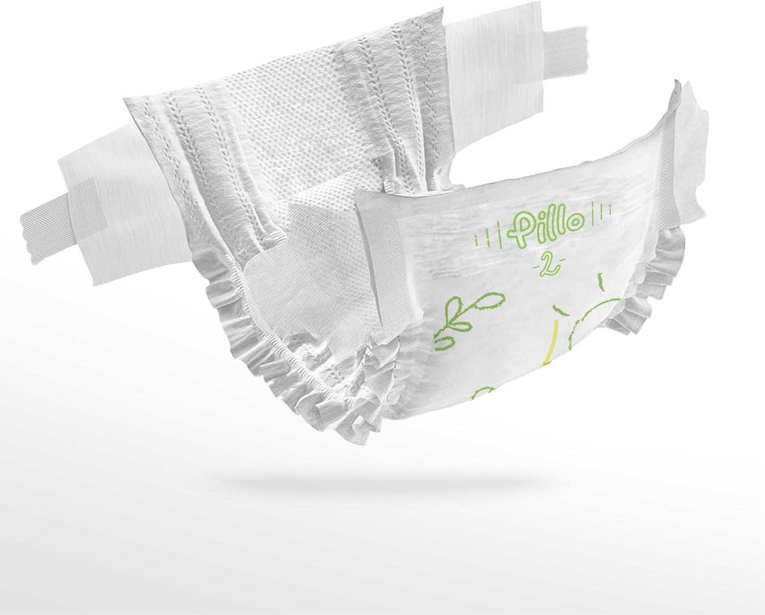Witte Pillo luier, maat 2, met groene details. Zichtbaar opschrift: Pillo, 2. Open luier met flappen en klittenband.