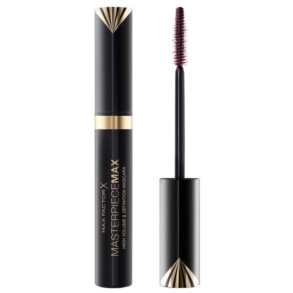 Tube de mascara noir avec détails dorés et texte. Brosse avec poils violets. Nom du produit: MASTERPIECEMAX.