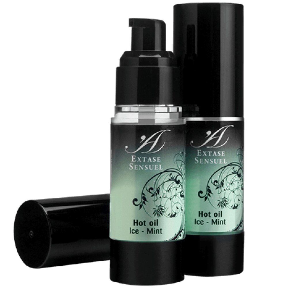 Twee flacons met pompdos en een liggende flacon met dop. Opschrift "Extase Sensuel Hot oil Ice-Mint".
