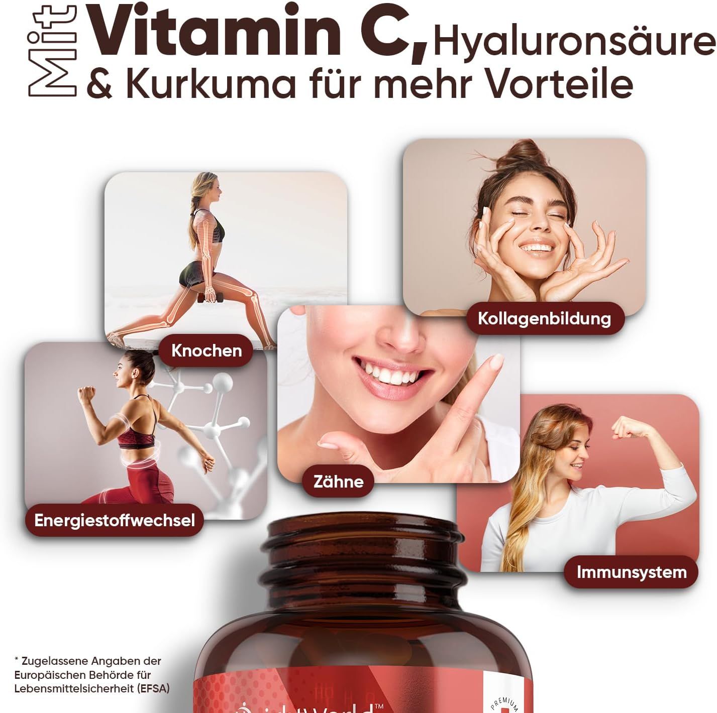 Reclamebeeld met afbeeldingen van vrouwen en tekst. Tekst: Vitamine C, Hyaluronzuur & Kurkuma voor meer voordelen. Flesje met capsules.