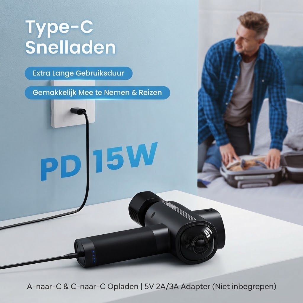 Zwart massagepistool met USB-C oplaadkabel aangesloten op een stopcontact. PD 15W laadindicator.