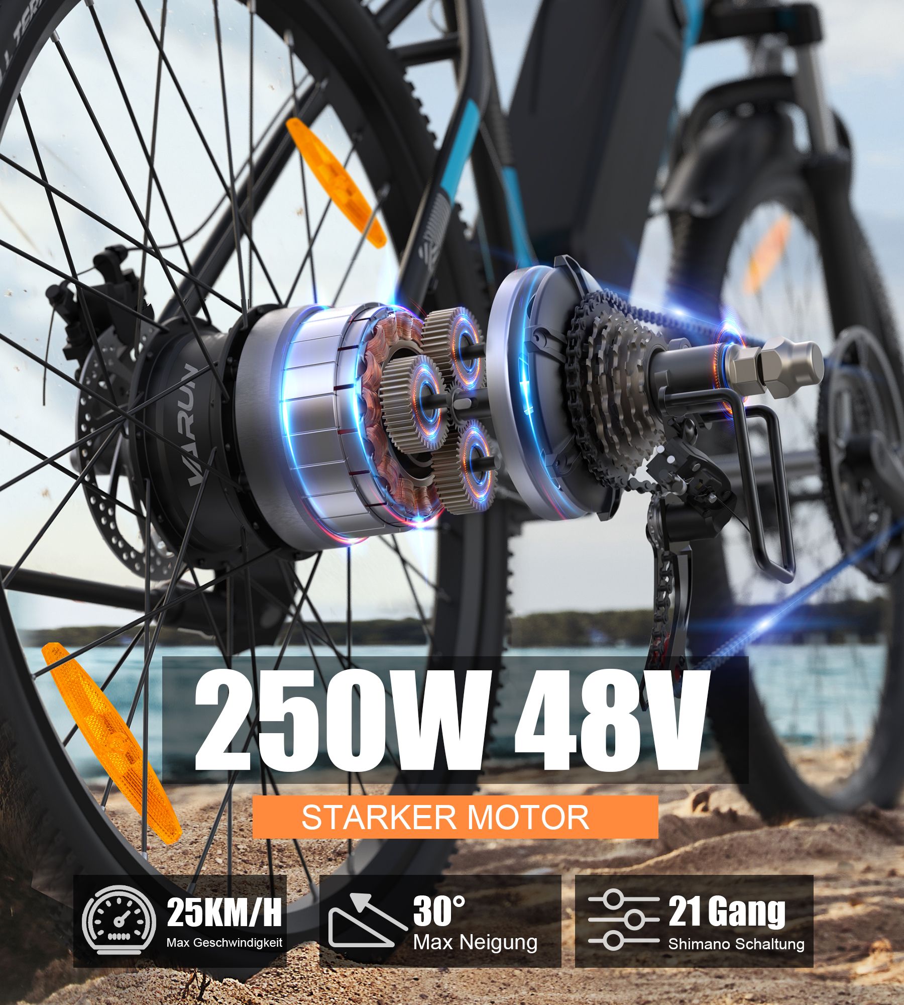 Close-up van het achterwiel van een e-bike. 250W motor, 48V. 21 versnellingen, Shimano. Max. 25km/u, 30° helling.