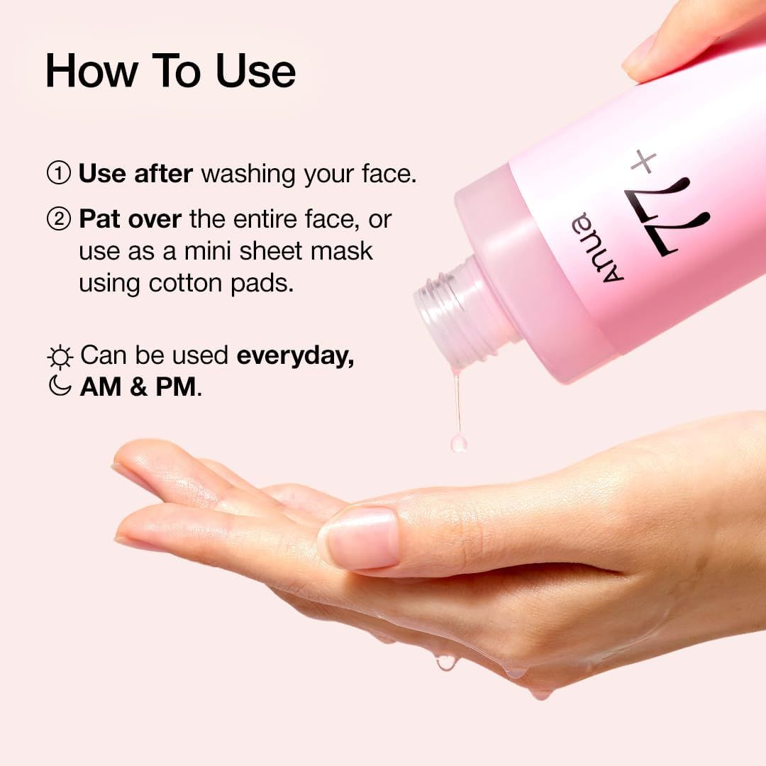 Instructions pour l'utilisation du toner essence niacine ANUA Peach 77% sur la main.