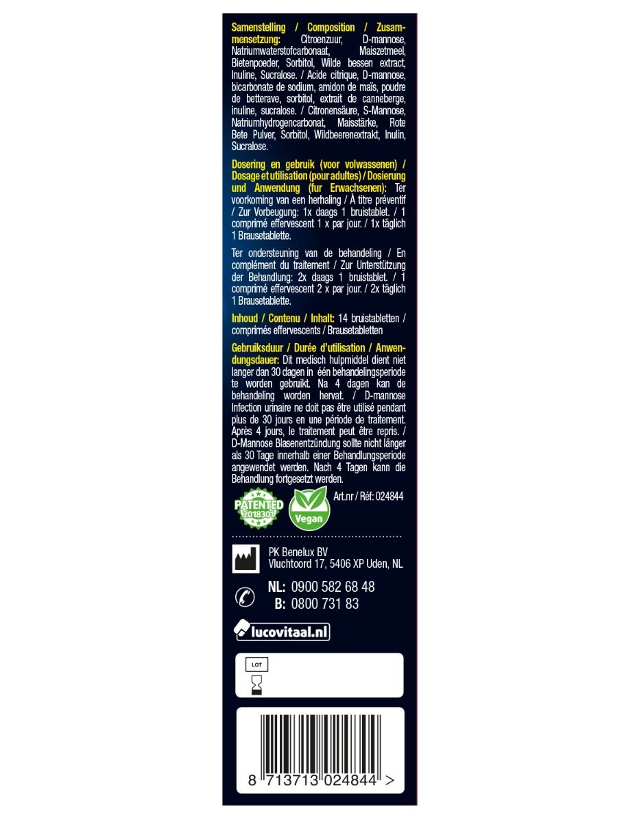 Dos de l'emballage de "Lucovitaal D-Mannose Blaasontsteking". Contient des informations sur les ingrédients, le dosage et l'utilisation.