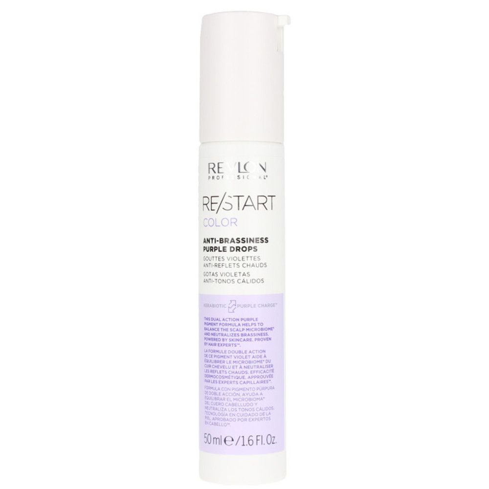 Witte-paarse fles met tekst: Revlon Re-Start Color Anti-Brassiness Purple Drops. 50ml/1.6 fl.oz.