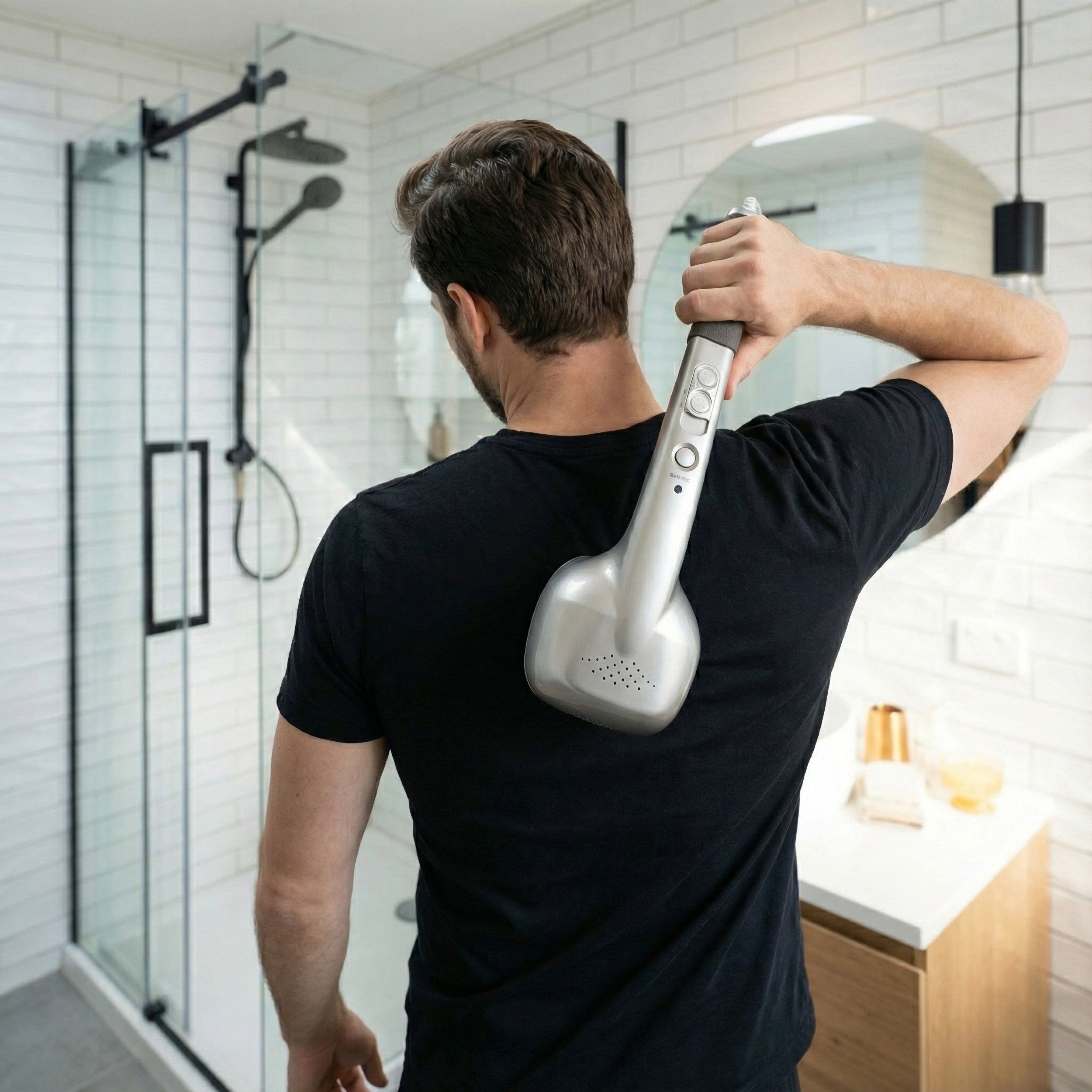 Appareil de massage argenté. Homme l'utilise sur le dos. Fond de salle de bain avec douche et miroir.