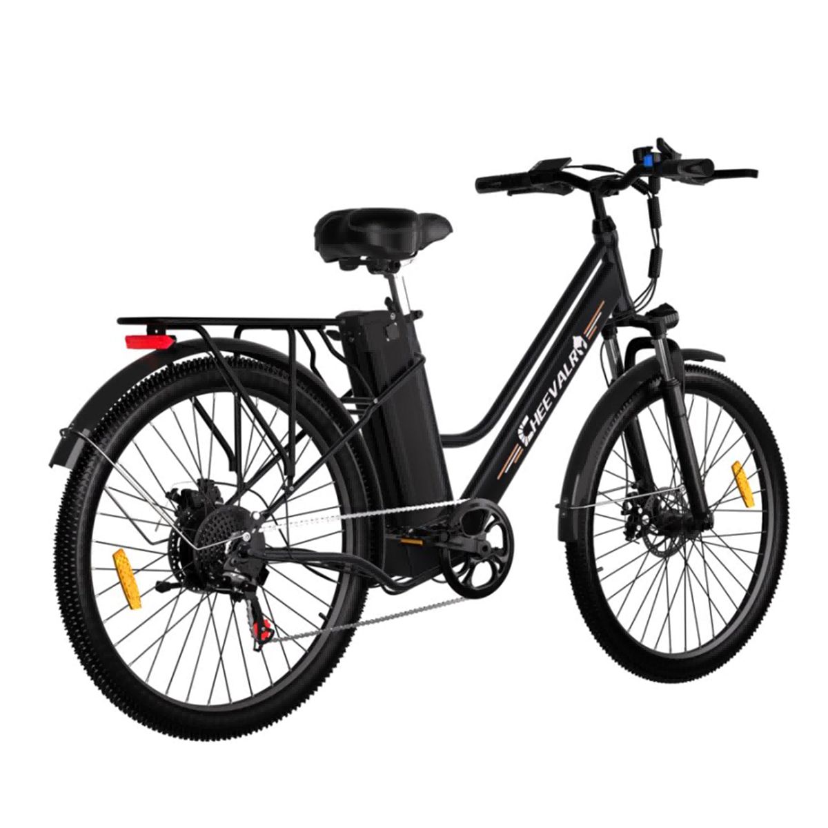 Zwarte elektrische fiets met bagagedrager. Merk Cheevalry.