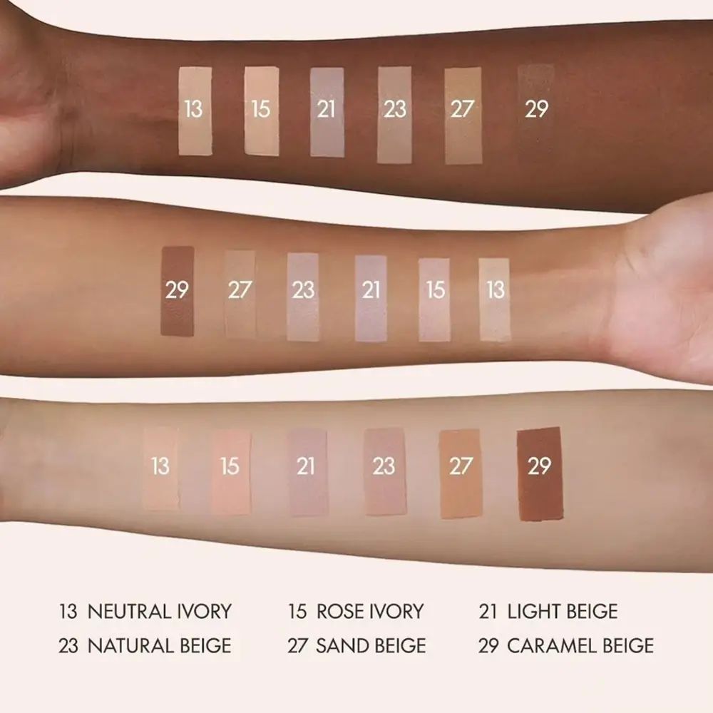 Drie armen met kleurstalen van Wonder Releaf Centella BB Cream. Tinten: 13, 15, 21, 23, 27, 29. Tekst: Kleurnamen.