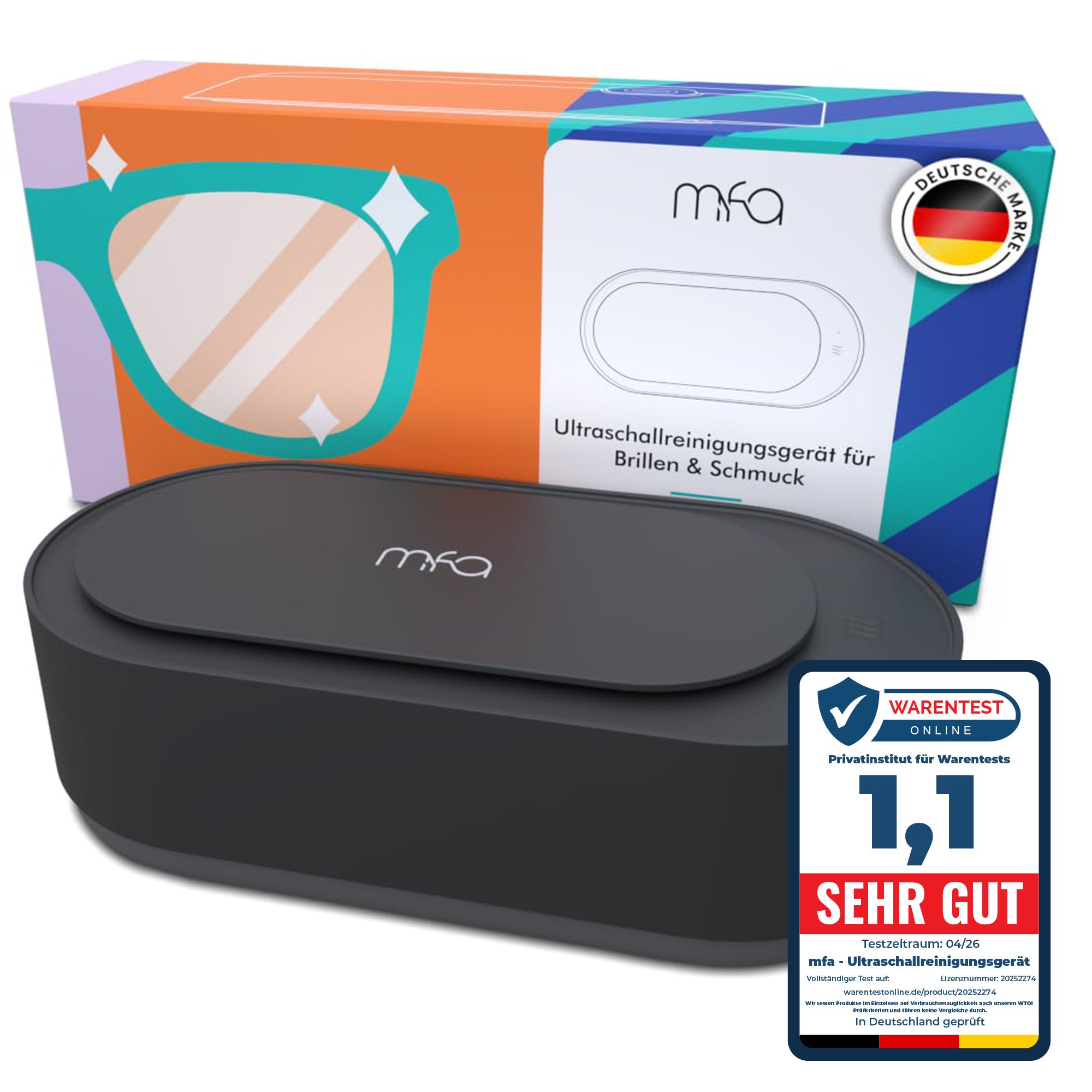 Zwart ultrasoon reinigingsapparaat. Verpakking met productafbeelding en merk mfa®. Label "SEHR GUT".