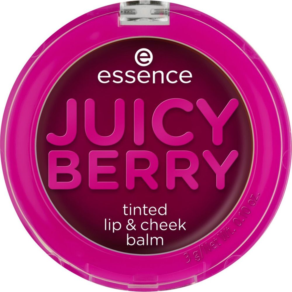 Ronde, felroze balsemcontainer met de tekst "JUICY BERRY". Het deksel draagt de merknaam "essence".